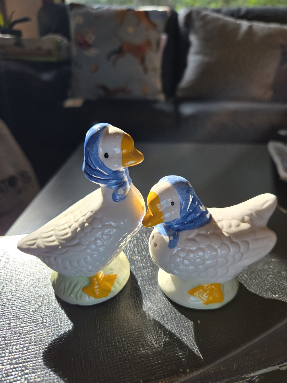 Vintage White Ceramic Duck Salt and Pepper Shakers with Blue Scarves